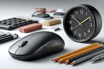 Black clock computer mouse pencils calculator and pens image