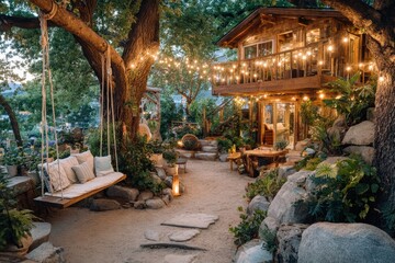 Fototapeta premium Enchanting Treehouse Retreat with Warm String Lights, Cozy Outdoor Swing, and Lush Greenery, Perfect for Relaxation and Escaping to Nature's Beauty