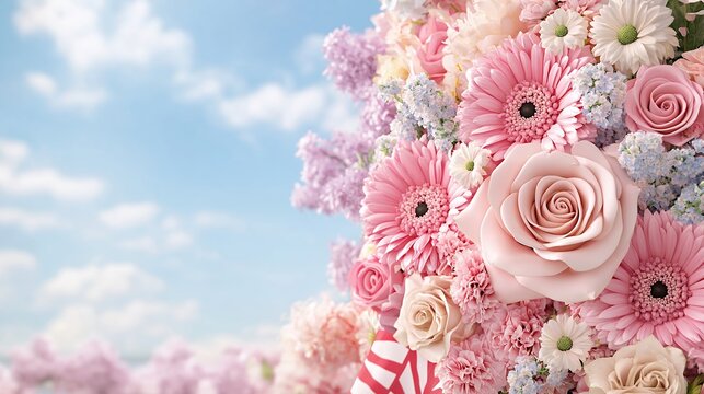 Pastel Pink and Purple Flower Arrangement Against a Blue Sky