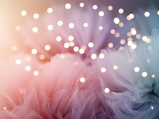 Delicate tulle fabric with bokeh lights, creating a dreamy, soft background.