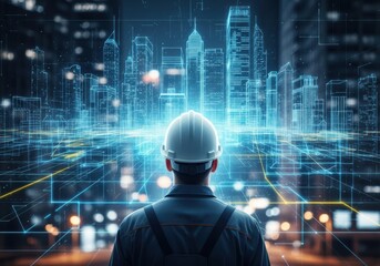 Architect Visualizing Future City with Digital Blueprint Overlay Construction Worker Overseeing Smart City Development with Augmented Reality