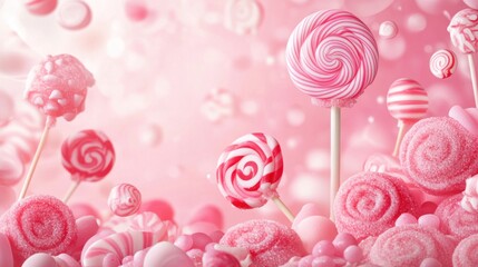 Pink candy swirls, lollipops, and gumdrops in a dreamy, bokeh background.