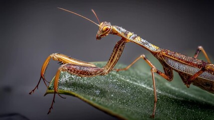 Detailed Close Up of a Brown Praying Mantis on a Green Leaf Against a Gray Background A Macro Photograph Showcasing the Insect's Intricate Texture