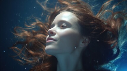 Naklejka premium Serene woman with flowing red hair underwater in a peaceful, dreamy scene
