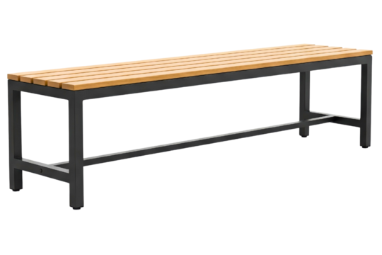 Modern backless park bench with wood slats and metal frame isolated on a transparent background