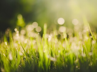 Lush green grass bathed in morning sunlight, bokeh background