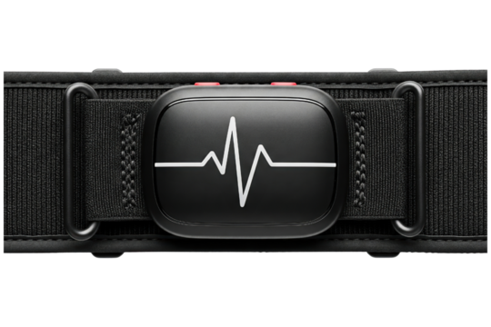 Black chest strap heart rate monitor with a heartbeat graph isolated on a transparent background