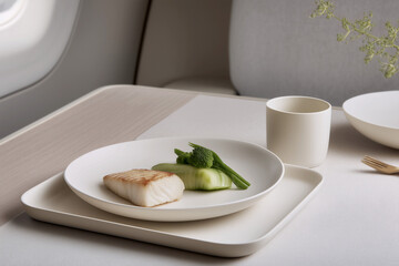 Minimalist Airline Meal with Grilled Fish and Steamed Greens – Calm and Balanced In-Flight Dining