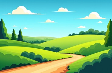 Obraz premium A scenic landscape featuring rolling green hills and a winding dirt path under a bright blue sky with fluffy clouds