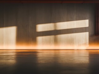 Sunlight casts dramatic shadows on a modern concrete interior.