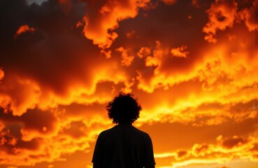 Obraz premium A person with curly hair stands silhouetted against a vivid orange sunset sky filled with dramatic clouds