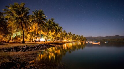 Fototapeta premium Nighttime beach scene with palm trees, reflections, and boats