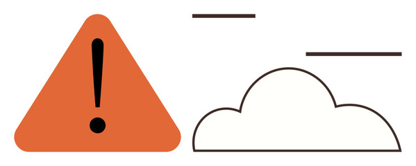 Exclamation mark inside an orange triangle paired with a cloud and lines. Ideal for warning, weather alert, risk, climate change, technology, caution, communication. Simple flat metaphor