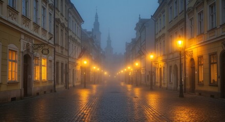 Naklejka premium Misty Lane: A Nocturnal Stroll Through Old Town