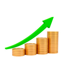 Green arrow shows increasing stacks of coins isolated on transparent background