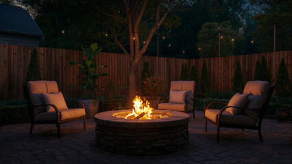 Serene garden patio with glowing fire pit, relaxing chairs, and tranquil outdoor setup perfect for night time unwind 4k image