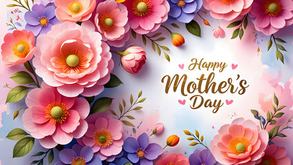 Vibrant floral arrangement with pink, purple, and orange paper-cut style flowers surrounding the text 'Happy Mother's Day' on a soft watercolor background.