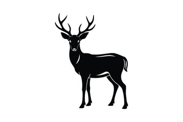Elegant Deer with Antlers Standing Tall in Black and White Silhouette Style