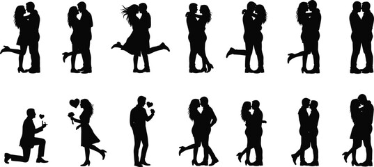 Silhouette vector collection of romantic loving couples, hugging, kissing and proposing, symbolizing love, relationships, dating, romance and passion, isolated on white background.