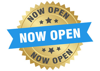 now open. now open round blue and gold label isolated on transparent background