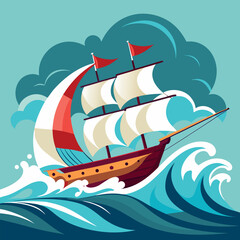 sail ship riding a high wave