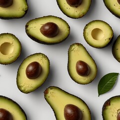 Flat Lay of Halved Avocados in Symmetrical Pattern on White Background – Minimalist Food Photography
