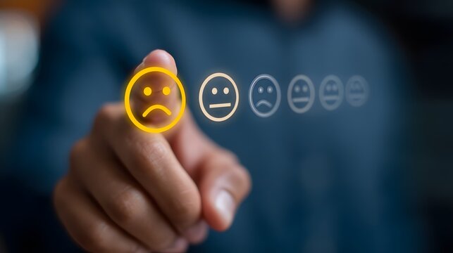 Businessman pressing unhappy customer feedback icon on digital rating scale, concept of poor service review, dissatisfaction, and negative experience.