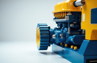 Close-up of a detailed industrial gear mechanism with yellow and blue components on a white background