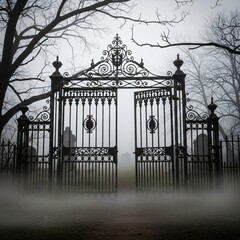 An imposing, ornate wrought iron gate stands open in a foggy graveyard, hinting at a mysterious and spooky atmosphere