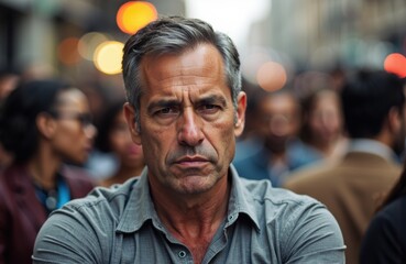 Obraz premium A middle-aged man with gray hair looks serious in a busy urban street scene