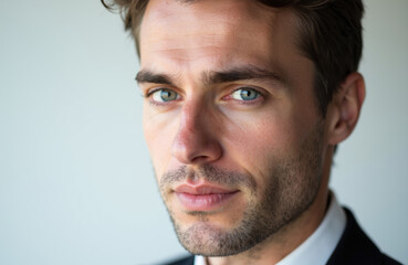Fototapeta premium Close-up of a confident young man with blue eyes and styled brown hair looking at the camera
