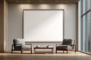 Modern waiting area with large blank canvas