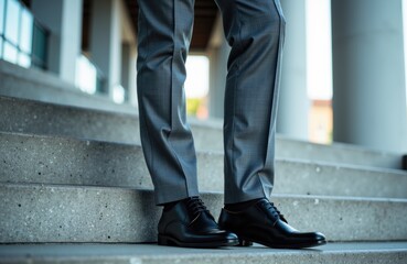Businessman standing on stairs in formal suit and shoes