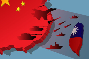 China military blockade against Taiwan. military equipment tank, fighter, warship. concept of a possible military conflict, war tension in Asia banner background © RomanWhale studio