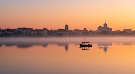 Serene Sunrise: Misty Lake & Cityscape
