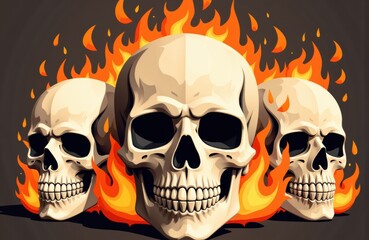 Three skulls with dark eye sockets and teeth, surrounded by bright flames creating a fiery background
