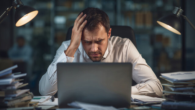 Worried businessman analyzing financial data on laptop, rubbing eyes from exhaustion, office stress and overload, realistic corporate scene, stock image