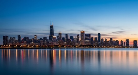 Fototapeta premium Chicago Skyline: Serene Twilight Reflection
