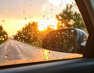 Obraz premium Sunset View Through Rainy Car Window