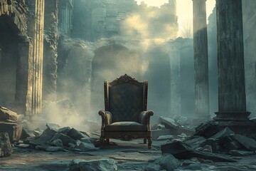 Ornate throne sits amongst ancient ruined pillars bathed in ethereal sunlight