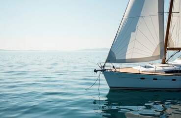 Fototapeta premium Sailboat gliding on calm water under clear sky with gentle waves and horizon view