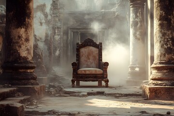Ancient throne sits abandoned in a dusty sunlit ruined temple hallway