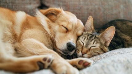 close up, a dog and a cat sleeping hugging each other, on the couch, kitten and puppy, 