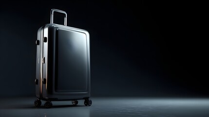 Modern metallic gray suitcase standing in a dimly lit room with subtle highlights