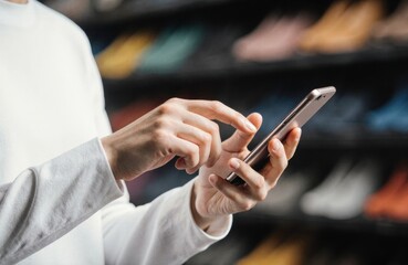 Woman using smartphone in retail store with shelves of colorful products in background