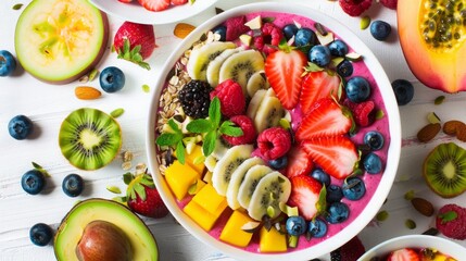 Colorful array of fresh fruits and superfoods arranged in a vibrant smoothie bowl,