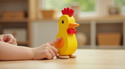 Cheerful Toddler Hand Pushing a Bright Yellow Wooden Chicken Toy with Red Comb in a Cozy Indoor Setting, Ideal for Preschool Education, Playtime, and Creative Development Themes