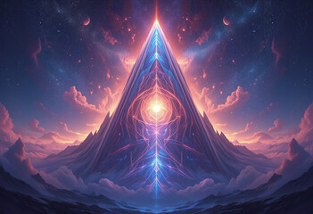 A mystical mountain pyramid radiates brilliant energy into a celestial, star-filled sky.