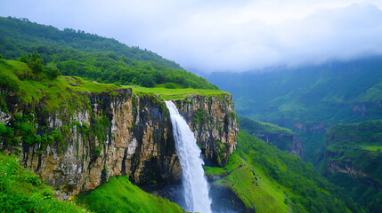 Majestic waterfall cascading down rocky cliffs surrounded by lush green hills and misty mountains, creating serene and tranquil atmosphere