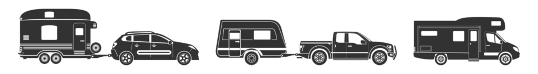 Camping trailers and vehicles set on transparent background